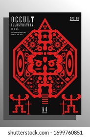 Occult black and red illustration, designed in A4 size, isolated simbols and signs. Mystic abstract illustration with humans and crosses. EPS 10 vector