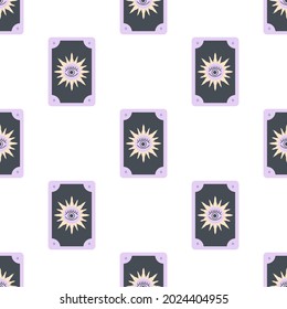 occult card seamless pattern, fortune telling on tarot cards, prediction, witch, sun with black eye, fortune teller, halloween background