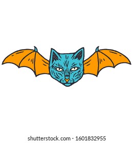 Occult Cat. Cat with Bat Wings. Occult Cat Cartoon Style. Occultism. Esoteric Sign Alchemy. 