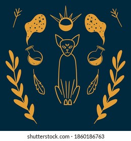 Occult cat and potions. Illustration of magic. Occultism and alchemy. Symbols of witchcraft and magic. Yellow illustration of magic, witchcraft, another world on a blue background. 