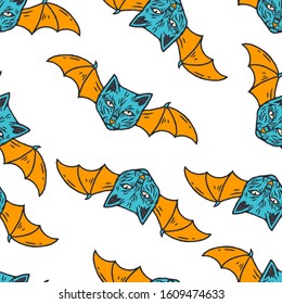 Occult Cat Seamless Pattern. Cat with bat wings Seamless Pattern. Occultism Seamless Pattern.  Vector Illustration. Cartoon style.