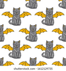 Occult Cat Seamless Pattern. Occult Cat Cartoon Style. Occultism Semless Pattern. Occult Cat on white background isolated. Stock Vector Illustration. Cartoon style.