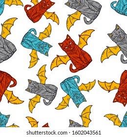 Occult Cat Seamless Pattern. Occultism Seamless Pattern. Occult Cat on white background isolated. Stock Vector Illustration. Cartoon style. 