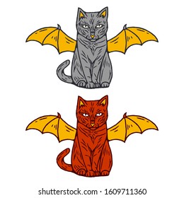 Occult Cat Set. Bat Cat Set. Occult Cat Set Cartoon Style. Occultism. Esoteric Sign Alchemy. Occult Cat Set on white background isolated. Stock Vector Illustration. Cartoon style.