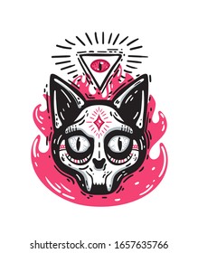 Occult cat skull with an eye of providence and fire. Cute vector illustration isolated on white. Gothic cartoon print.