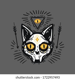 Occult cat skull with an eye of providence. Vector graphics. Gothic print.