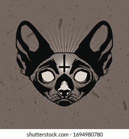 Occult Cat's Head with Burning Eyes and Cross. Occultism. Esoteric Sign 