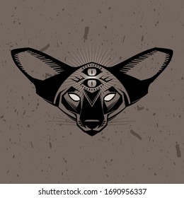 Occult Cat's Head with Four Burning Eyes. Occultism. Esoteric Sign Alchemy.