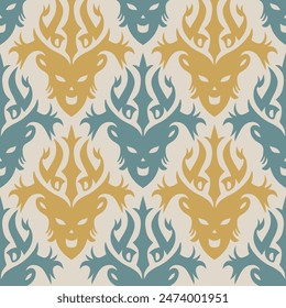 Occult Demon, blue yellow devil Witchcraft Seamless Pattern with a magic goat. Vector illustration