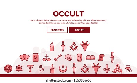 Occult, Demonic Entity Imagery Landing Web Page Header Banner Template Vector. Satanic Rituals, Demonic Beliefs, Superstitions. Deal With Devil, Magic, Mystic, Esoteric Lineart. Occult Illustration