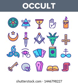 Occult, Demonic Entity Imagery Vector Linear Icons Set. Satanic Rituals, Demonic Beliefs, Superstitions. Deal With Devil, Magic, Mystic, Esoteric Lineart. Occult And Thin Line Illustration