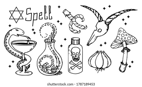 Occult, demonic entity imagery vector linear set. Satanic rituals, demonic beliefs, superstitions,spells. Deal with devil, magic, mystic, esoteric line art. Hand drawn