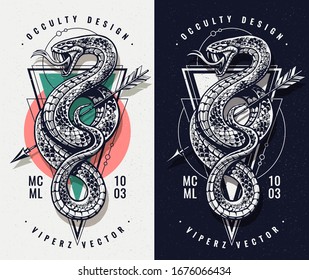 Occult Design With Snake and Geometric Shapes. Snake with open mouth wild keeps arrow. Sacred geometry on the background. Vector art.