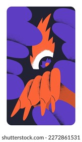 Occult devil, demon, abstract hell symbol, card background. Esoteric supernatural inferno with fire. Unknown mysterious spiritual poster backdrop in modern style. Colored flat vector illustration