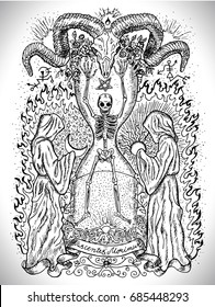 Occult drawing with human skeleton in sandglass, monks with sun and moon, devils head and mystic symbols. Tattoo design. Latin text Nascentes Morimur means From the moment we are born we begin to die