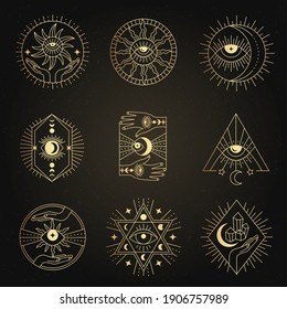 Occult emblems. Meditation alchemy mystical esoterism magic symbols recent vector geometrical line forms for business logotypes collections