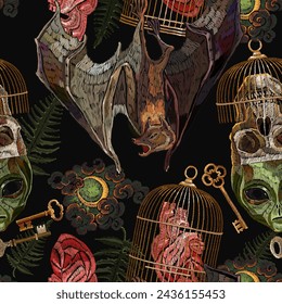 Occult and esoteric background. Black magic illustration. Alien head, skull, golden cage, fern, flying bat and anatomical heart. Alchemy seamless pattern. Embroidery. Gothic template for clothes