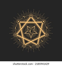 Occult esoteric mason sign, magic talisman with star and moon symbols of occultism. Vector masonic or freemason mystic amulet, alchemy magic sign