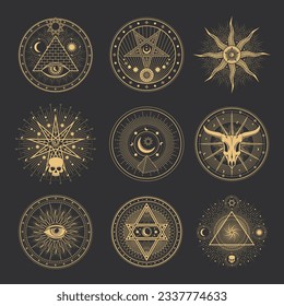 Occult and esoteric pentagram, magic tarot signs. Occultism and magic alchemy pentagrams with sun and moon, ritual cult heptagram of cabbala, illuminati or freemasons