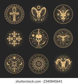 Occult and esoteric pentagram, magic tarot symbols. Vector signs of ankh cross and pyramid. Occultism all seeing eye symbol, Baphomet skull and celestial moon ritual signs with esoteric heptagrams