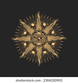 Occult esoteric pentagram sign with egyptian Horus eye in David star with moon phases and radiant sun rays inside of circle. Vector spiritual magic emblem, isolated alchemy, wiccan or pagan symbol