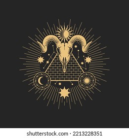 Signo de pentagrama esotérico oculto con cráneo de cabra, pirámide egipcia, estrella con luna y rayas radiantes emblema de magia espiritual de masón vector, alquimia aislada, símbolo de wicca o pagano