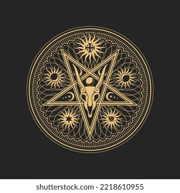 Occult esoteric pentagram sign with goat skull in star with moon phases and sun with radiant rays inside of circle. Vector spiritual magic emblem, isolated alchemy, wicca or pagan symbol