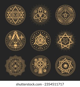 Occult and esoteric pentagram symbols, mason signs, magic tarot. Masonry lodge seals, occult tarot sign or esoteric line vector symbols set with mason compass, pentagram and all seeing eye, cross