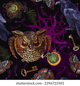 Occult and esoteric seamless pattern. Raven, owl, moon and butterflies. Embroidery. Fairy tale art. Dark gothic template for clothes, textile. Alchemy background. Magic illustration