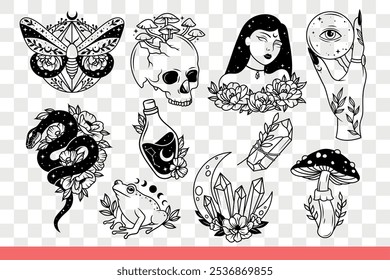 Occult and esoteric symbolism with flowers or mushrooms, for designs about mysticism or witchcraft. Occult woman and frog near ritual rubies and dangerous snake or magic potion. Hand drawn.