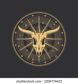 Occult esoteric tarot card symbol of Baphomet skull, magic and alchemy vector circle. Esoteric symbol of sacred sun of celestial mystic clock with moons and Baphomet goat skull in devil pentagram