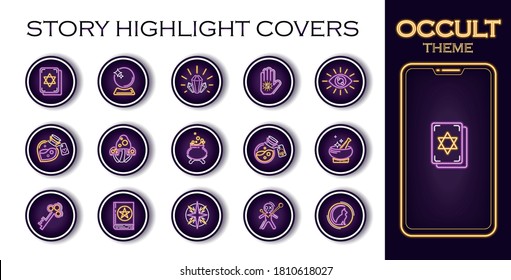 Occult esoteric vector neon icons set for fortune telling & tarot reading mobile apps, blogs, highlights covers. Magic mystic wichcraft signs and spiritual symbols - tarot cards, crystal ball etc.