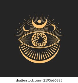 Ojo oculto y luna, pentagrama y rayos solares símbolo esotérico aislado de tatuajes, signo de tarot mágico. Talismán de ocultismo sagrado vectorial, icono esotérico