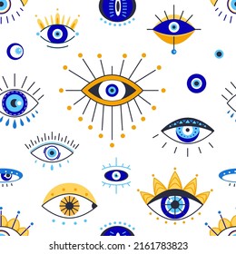 Patrón ocular sin costuras. Ornamento de ojos malvados, huella de mascota de moda grecia. Símbolos griegos y turcos místicos, fondo vectorial de energía elegante