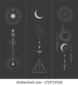 Occult geometric patterns. Set of sacred mystical signs drawn by lines. Moon, eye and planets. Beige lines, dark gray background.