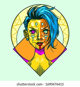 An occult girl with blue hair and a tattoo on her face