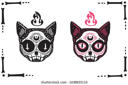 Occult gothic cat skulls set isolated white  Mysterious vector print for stickers  apparel  etc 