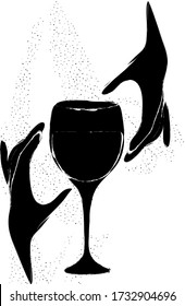 occult grunge illustration with two hands and drinking glass on white backgroud