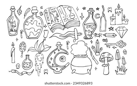 Conjunto oculto de doodle vectorial de Halloween, aislado en blanco, hierbas brujas, cristales y dibujos esquemáticos de pociones