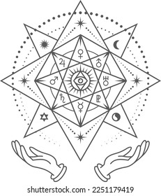 Occult hexagram with human hands. Mystic tattoo template