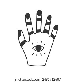 Occult Human Hand with Eye Doodle Icon. Line magical mystical spiritual esoteric symbol. Isolated vector illustration