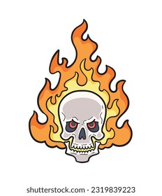 Occult human skull burning in fire. Cartoon vector illustration isolated on white. Gothic cute print. Mascot, sticker, print. 