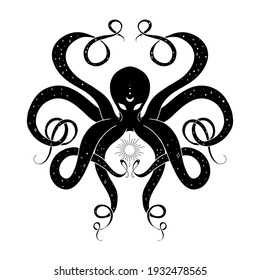 Occult illustration of black octopus. Hand drawn poster with mystical octopus. Boho styled tattoo design with sun and stars. 