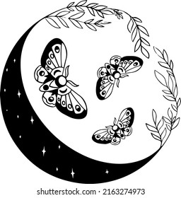 Occult Illustration Of Flying Moth. Hand Drawn Celestial Element With Moon  Flying Butterfly Logo Design