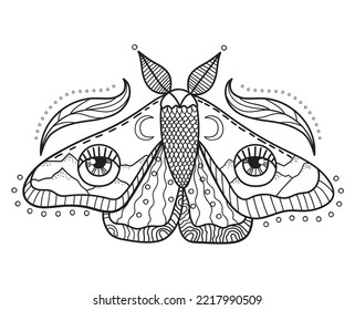 Occult illustration of flying moth. Hand drawn flying butterfly alchemy vector illustration isolated on white background.