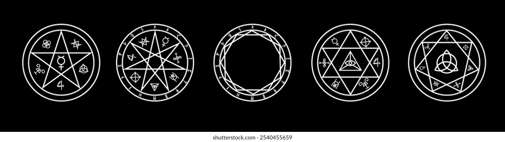 An occult inspired pattern of geometric shapes, featuring pentagrams, circles, and hexagons. These simple, spiritual symbols are perfect for decorative and ritualistic artwork.