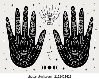 Occult magic hands with witch mystical symbols, witchcraft hand drawn arm with moon and evil eye. Vector illustration