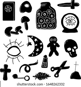 Occult magic icons  Hand drawing  doodle  Colored flat vector illustration  Black badges for sorcerers  magicians  fortune  tellers  Dagger  eye  skull  mushrooms  cross  moon  voodoo doll  grave 
