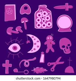 Oculten iconos mágicos. Establecer. Dibujo a mano, garabato. Ilustración vectorial plana coloreada. Símbolos de brujería, magia. Calavera, libro de hechizos, hongo, ojo, cuchilla, cuchillo, bola contadora de fortuna, clarividencia.