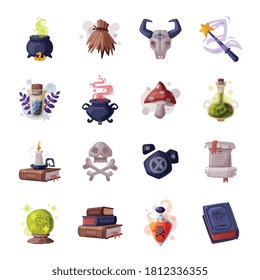 Occult Magic Objects for Mystic Rituals Set, Witchcraft Equipment Cartoon Style Vector Illustration